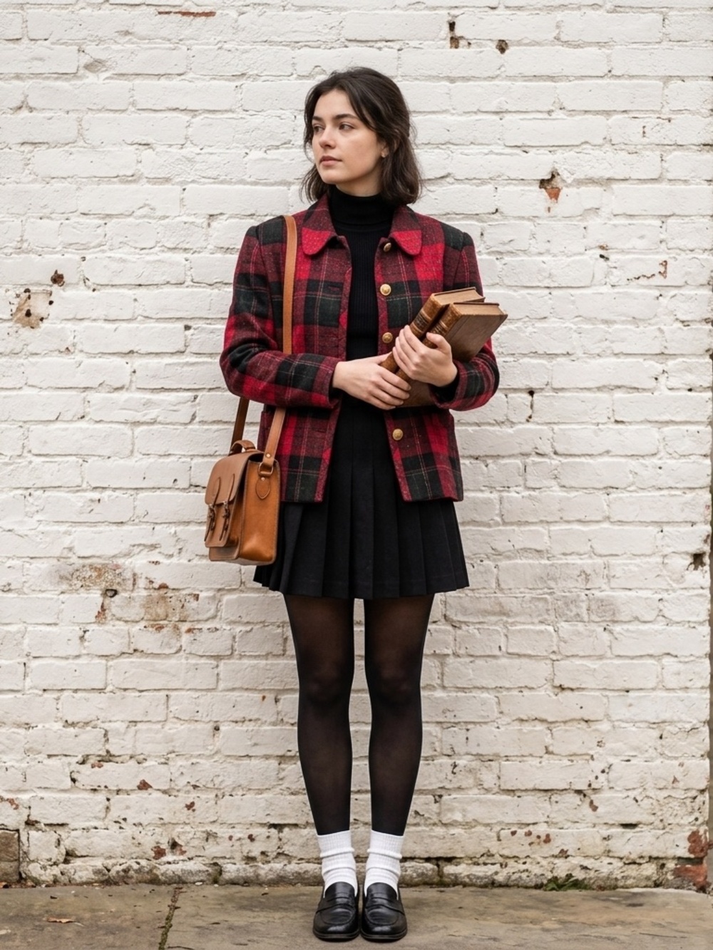 Vintage Red Plaid Tweed Jacket Gold Crest Buttons Peter Pan Collar Blazer